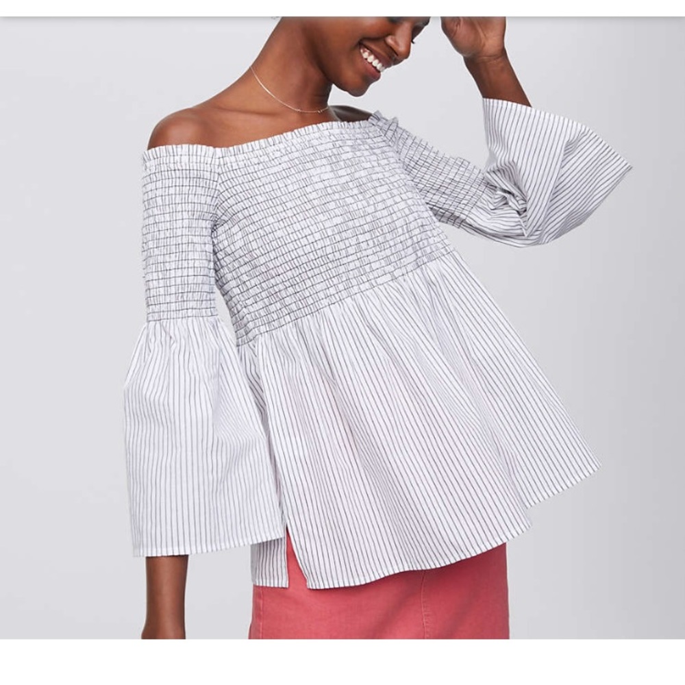 LOFT Striped Smocked off the shoulder top